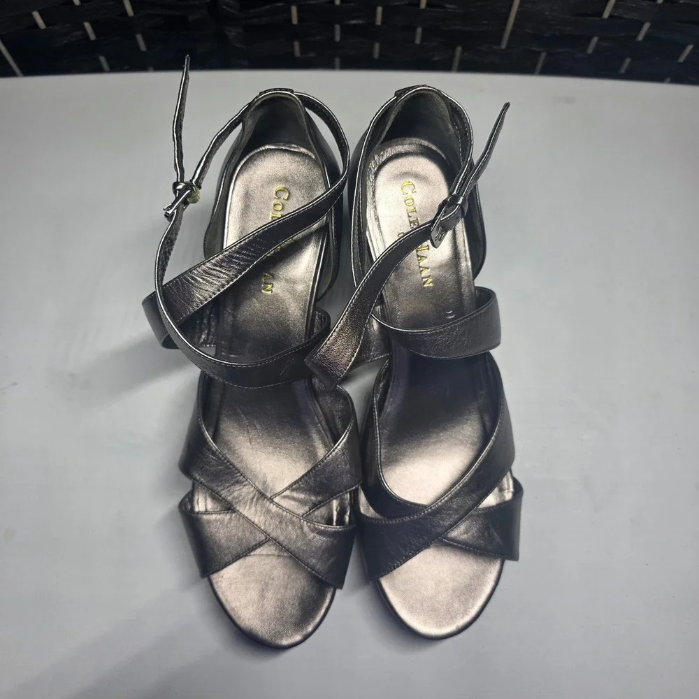 Cole Haan Nike Air Metallic Pewter Espadrille Wedge Sandals Shoes‎ Womens 10B